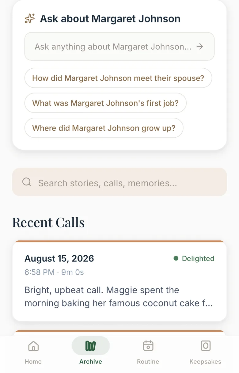 The MeetClara app&rsquo;s archive — ask a question about Margaret&rsquo;s calls, with her recent calls listed below